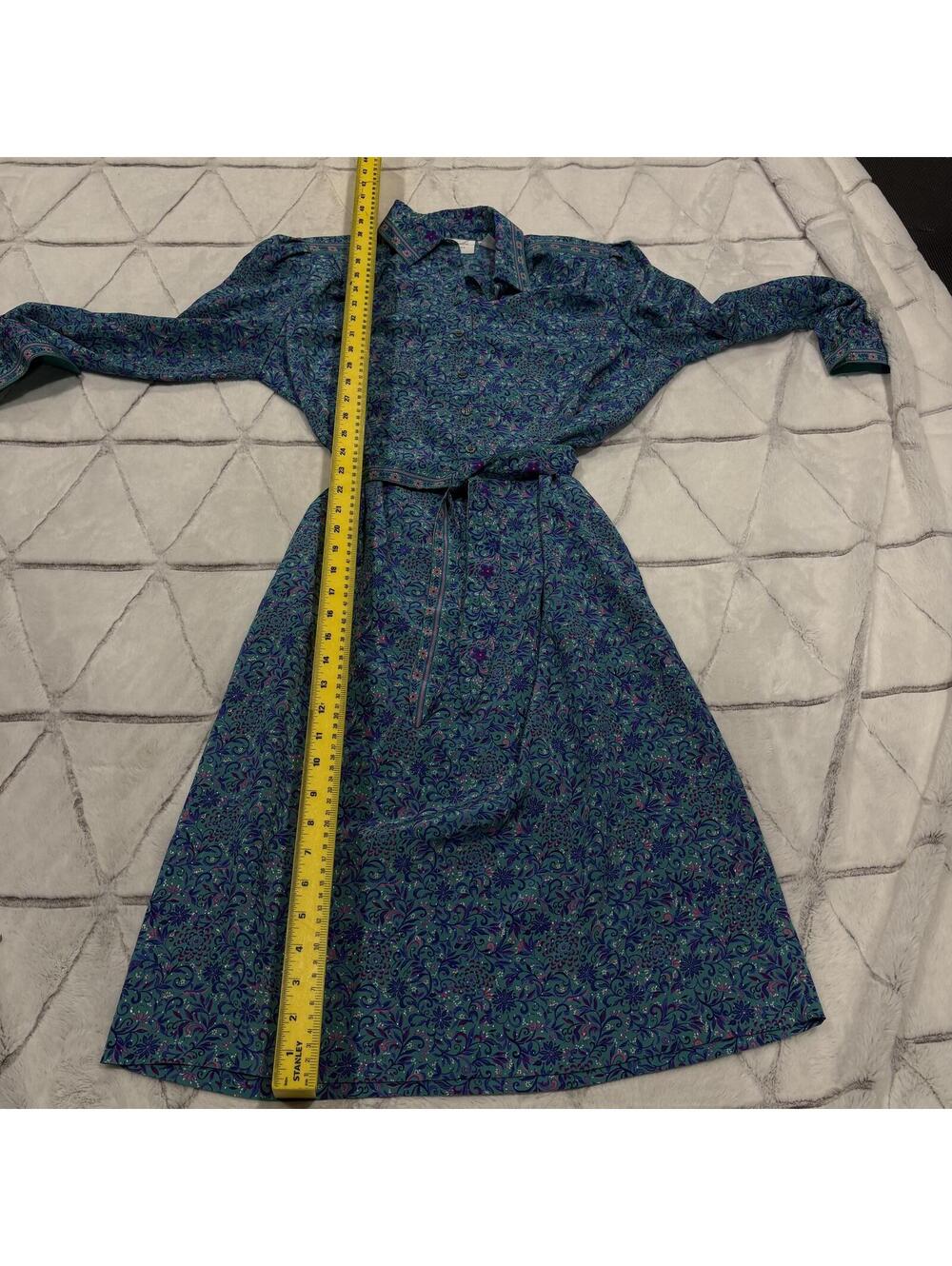 Vintage 80s shoulder pads Women's Blue Floral Shirt Dress Belt size 12 - Picture 6 of 8